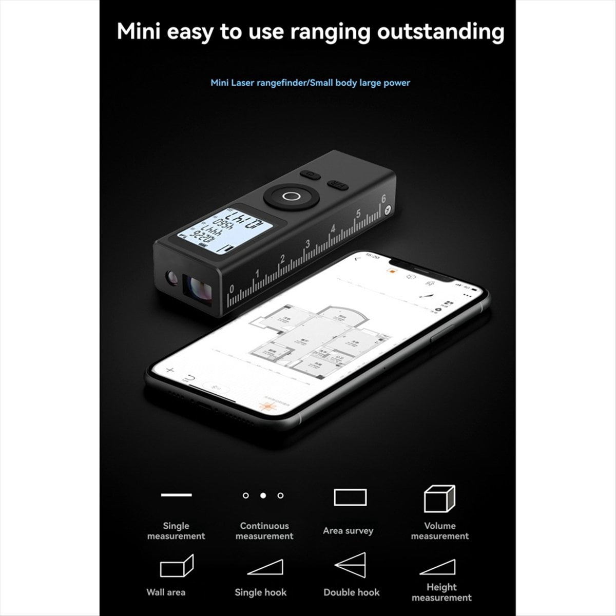 Qyvorae 30M Mini Laser Rangefinder Digital Tape Measure Laser Ruler Type-C Charge Aluminum Alloy Fuselage Measuring,1 * instrument 1 * lanyard 1 * charging cable,Black