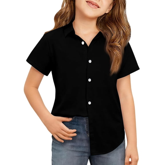 OIOLOYJM Girls Short Sleeve Dress Shirts Kids Spring Summer Cozy Soft School Uniform Casual Button Down Lapel Collared Shirt Black 7-8 Year
