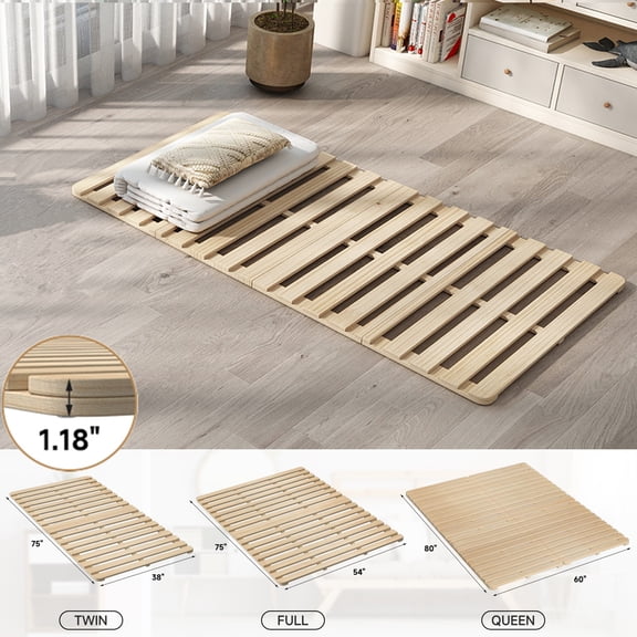 FICISOG Japanese Tatami Bed Plate, Twin Size Futon Frame Wood Foldable Slatted Bed, Guest Tatami Bed Frame for Japanese Floor Futon Mattress, Floor Sleep Bedding
