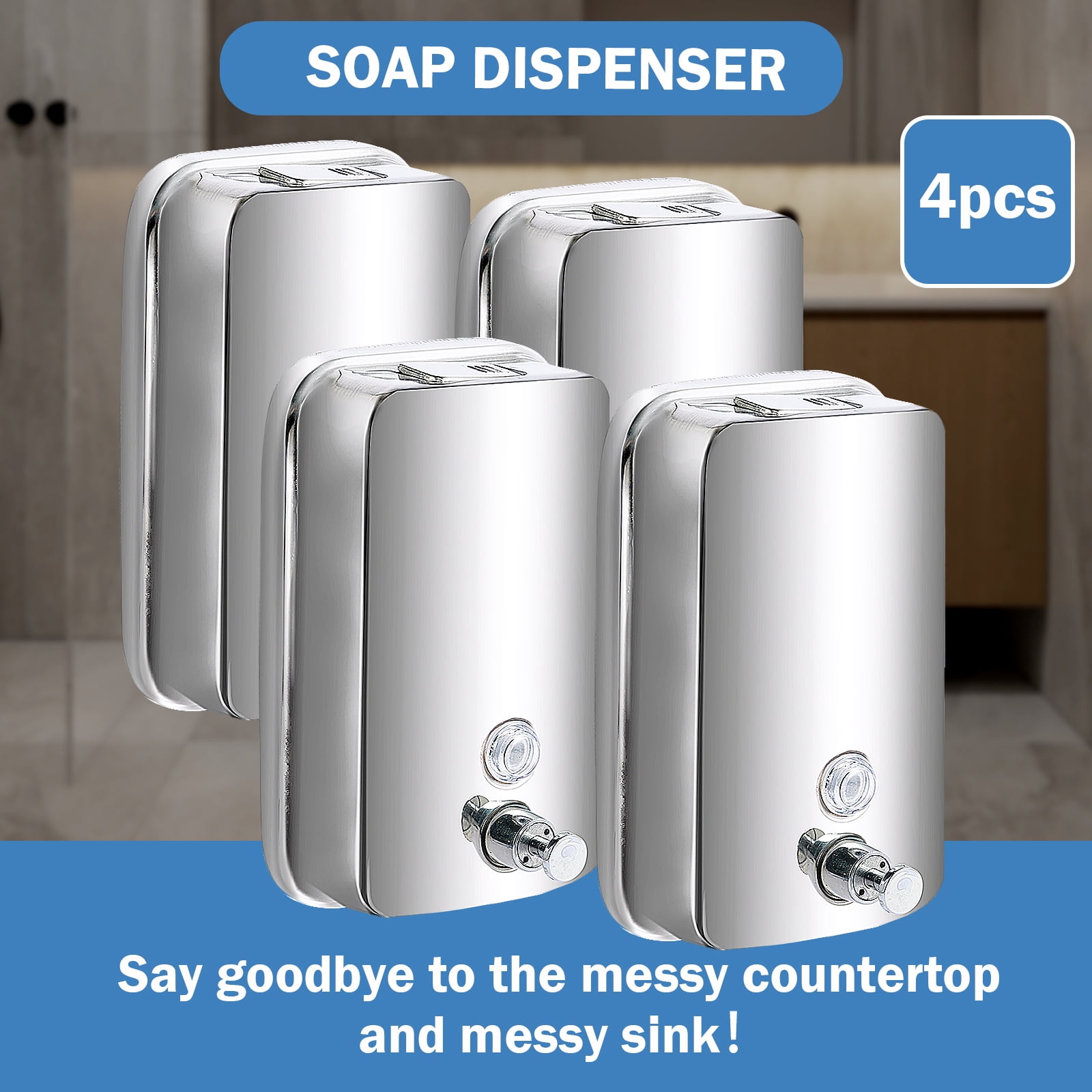 4Pcs Commercial Soap Dispenser Stainless Steel 1000ml Wall Mount Manual Liquid Pump Rust Proof Leak Free for Bathroom
