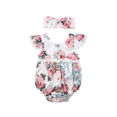 

Newborn Infant Baby Girl Floral Bodysuit Ruffle Sleeve Lace Flowers Jumpsuits Headband Outfit Set
