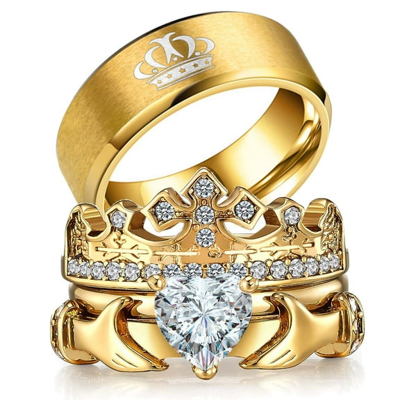 Ringheart Couple Rings Matching Ring Claddagh Ring Yellow Gold Plated Women Wedding Ring Sets for Him and Her
