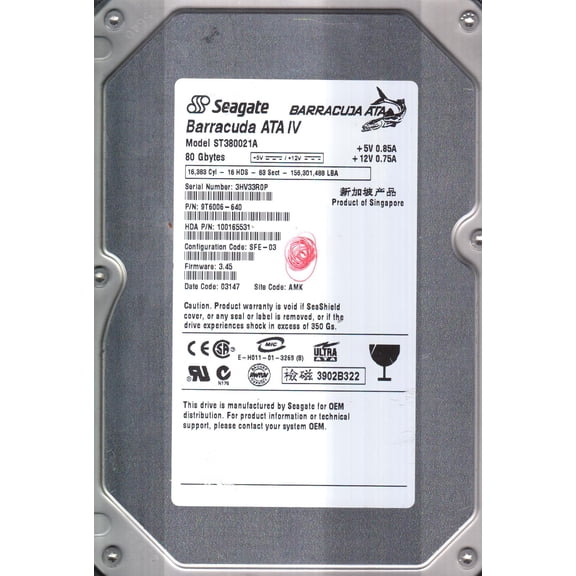 ST380021A, 3HV, AMK, PN 9T6006-640, FW 3.45, Seagate 80GB IDE 3.5 Hard Drive