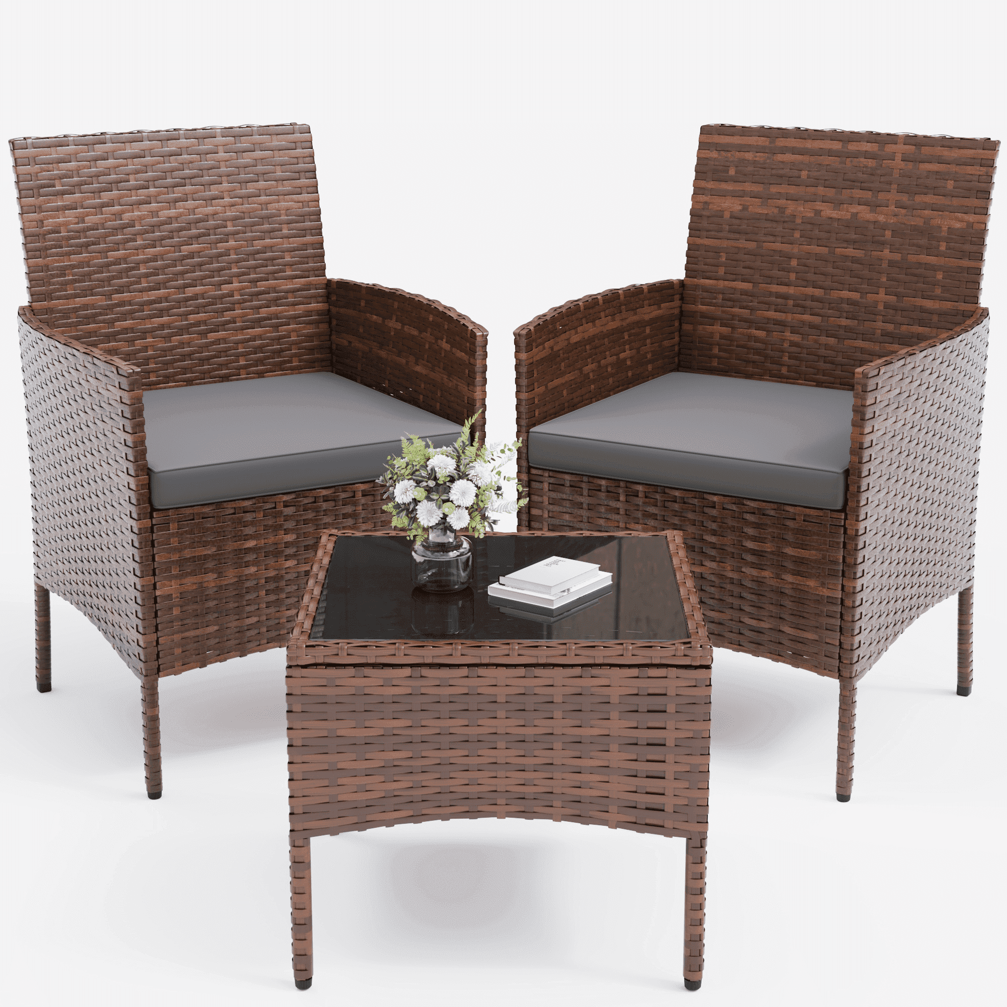 ELPOSUN 3 Piece Outdoor Patio Furniture Set Bistro Set with Coffee Table, Wicker Rattan Conversation Sets for Backyard, Porch, Poolside (Grey)