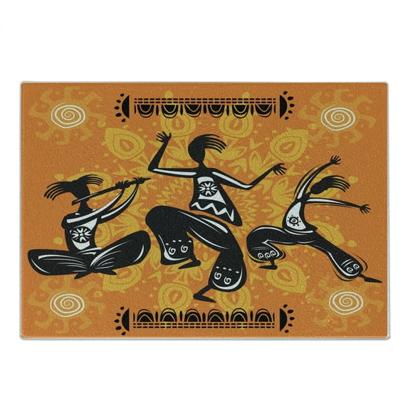 Orange Cutting Board, Dancer with Poly Rhythm Total Body Articulations Design Warm Colored Print, Decorative Tempered Glass Cutting and Serving Board, Small Size, Orange and Black, by Ambesonne