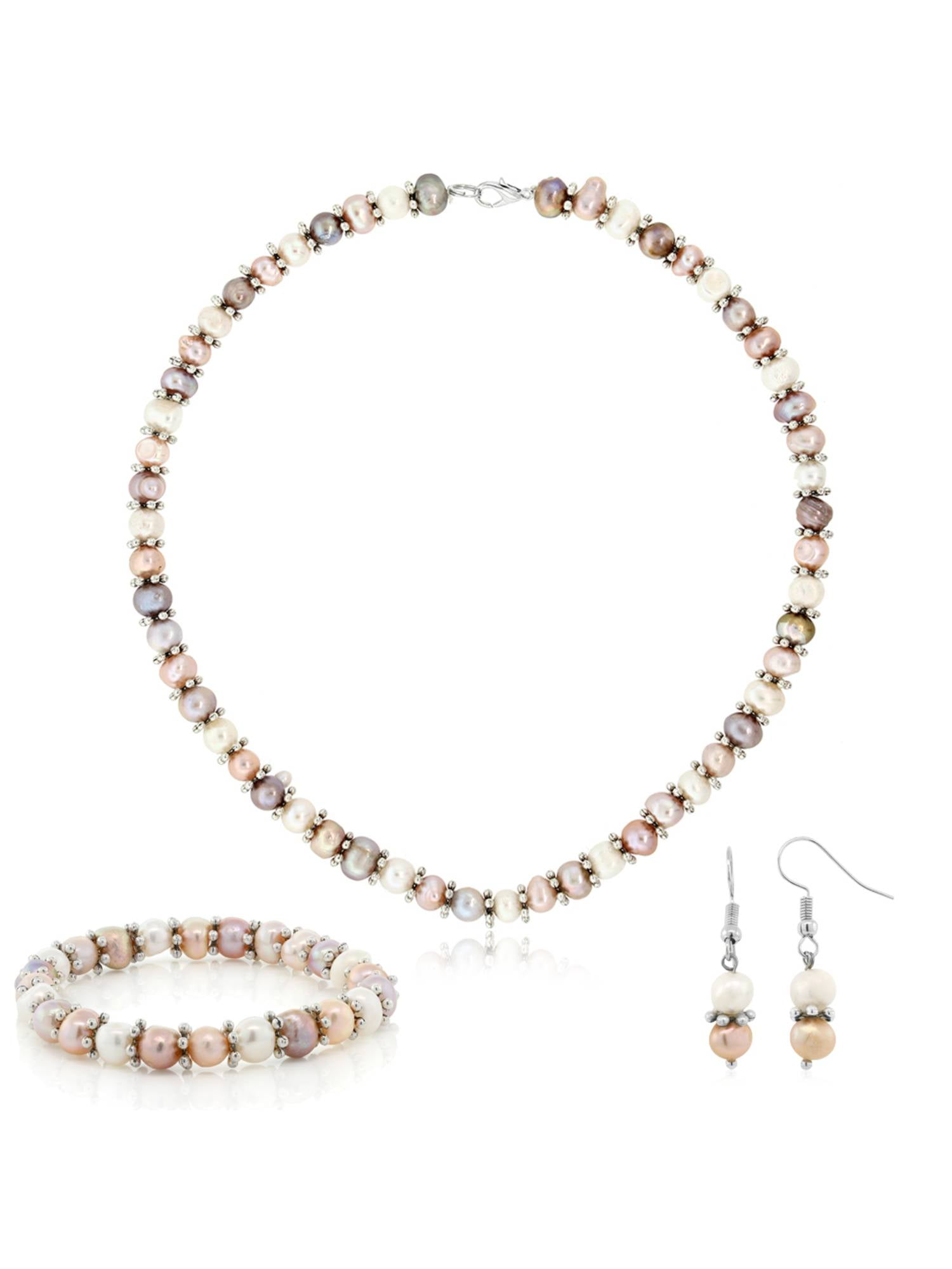 Gem Stone King Multi-Color Cultured Freshwater Pearl Necklace Earrings Bracelet Set 7-8MM 18inches