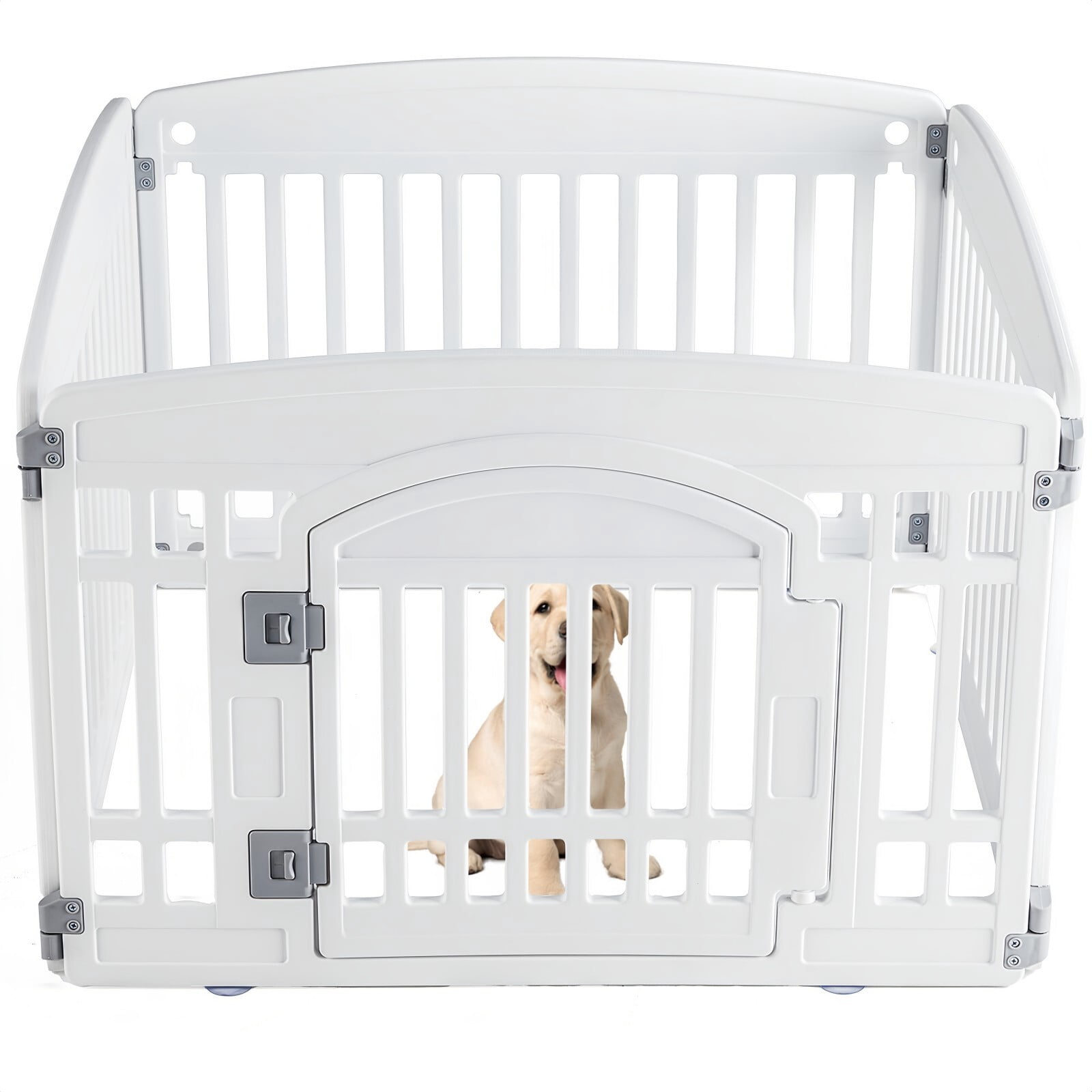 Kelno Dog Playpen 4 Panels Pet Fence with Safety Lock Non Slip Bottom, White