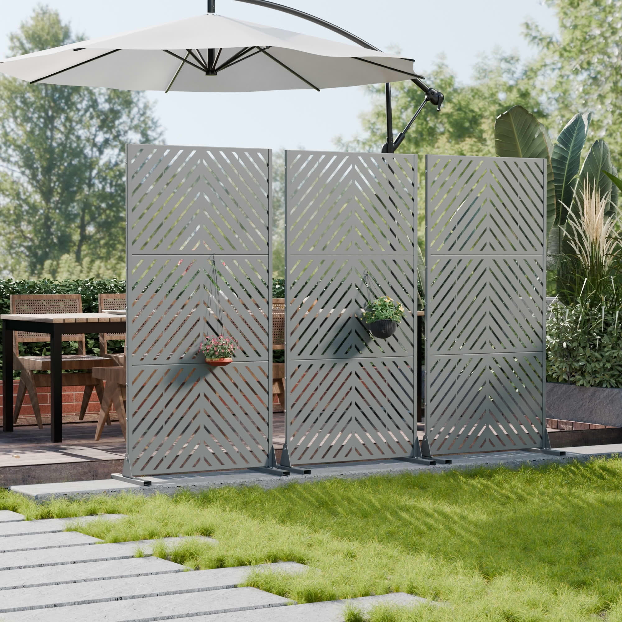 MAYEERTY Outdoor Metal Privacy Screen 6ft × 3ft Gray, 3-Panel Parallel Decorative Screen, Rust-Resistant for Patio