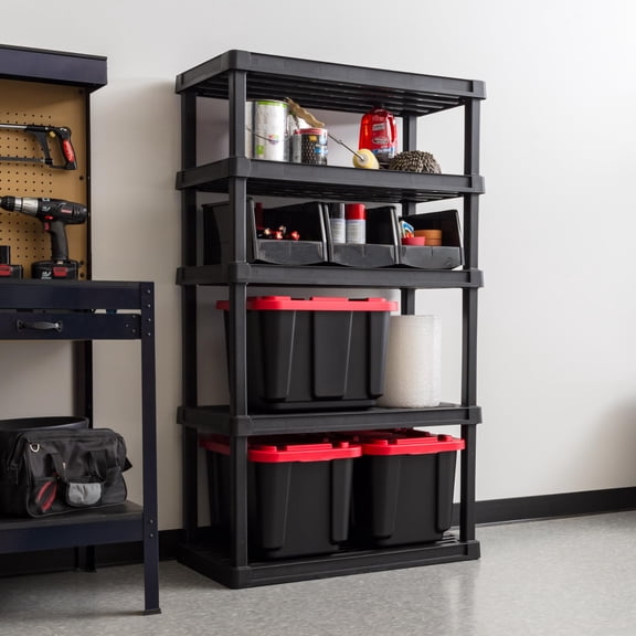 5-Shelf Heavy Duty Plastic Storage Shelves, 750lb Capacity, 68" H x 36" W x 18" D, Large Modular Shelving Unit Storage Organizer for Garage, Home, Warehouse & Gym, Storage Rack - Black