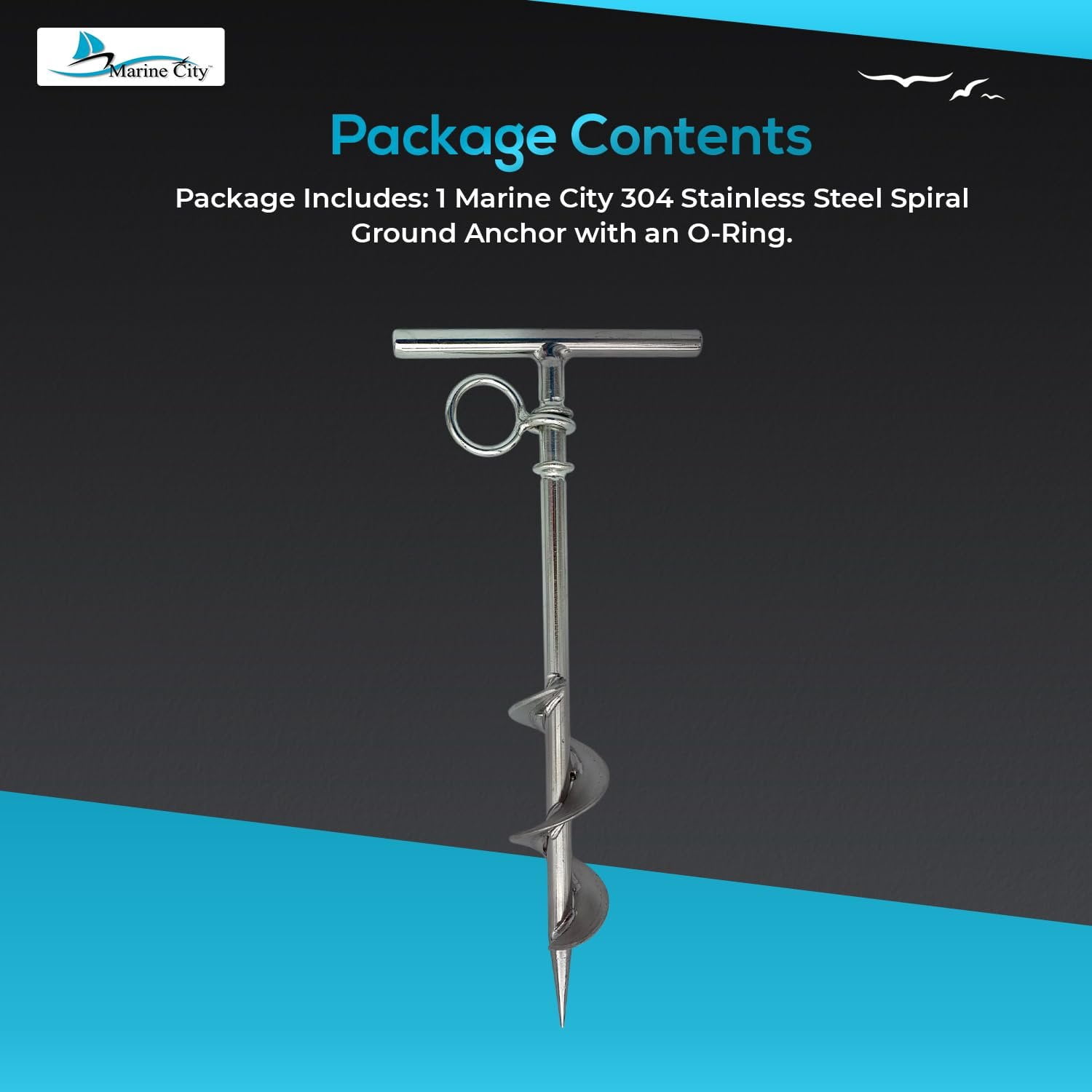 MARINE CITY Spiral Ground Anchor with O-Ring  304 Stainless Steel 4-1/2 x 10-5/8 Inches, Ideal for Boat Mooring, Camping Tents, Puppy Tie-Out Stakes, Backyards, Marines, Yachts Pack of 1