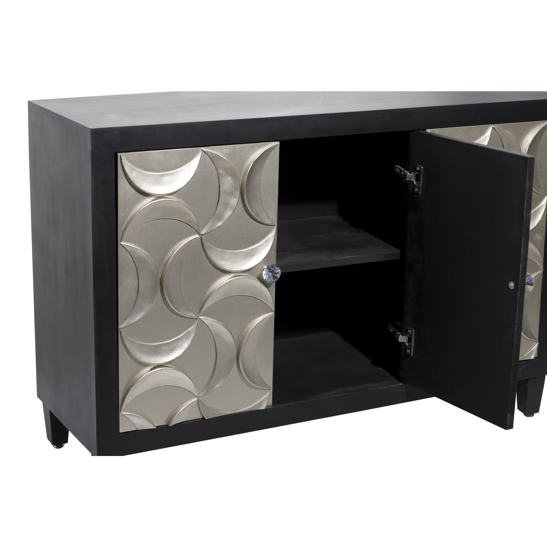 DecMode Modern Wood 3 Door Cabinet with Black/Silver Finish and Crescent Moon Design, 47"W x 32"H