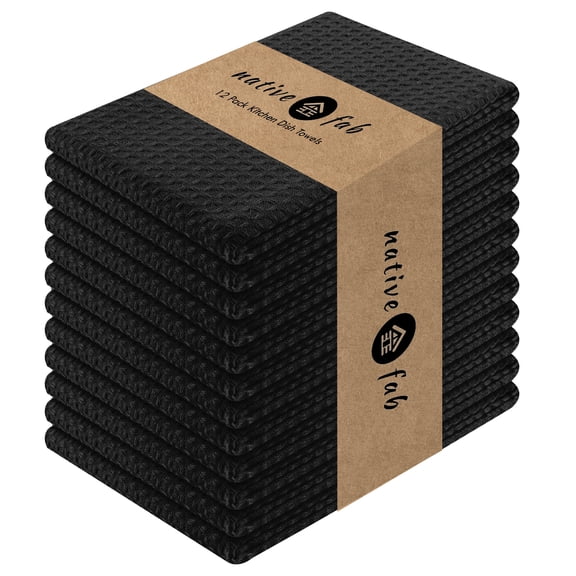 Native Fab Set of 12 Cotton Waffle Kitchen Tea Towels - Absorbent Quick Dry Dish Cloths - Black