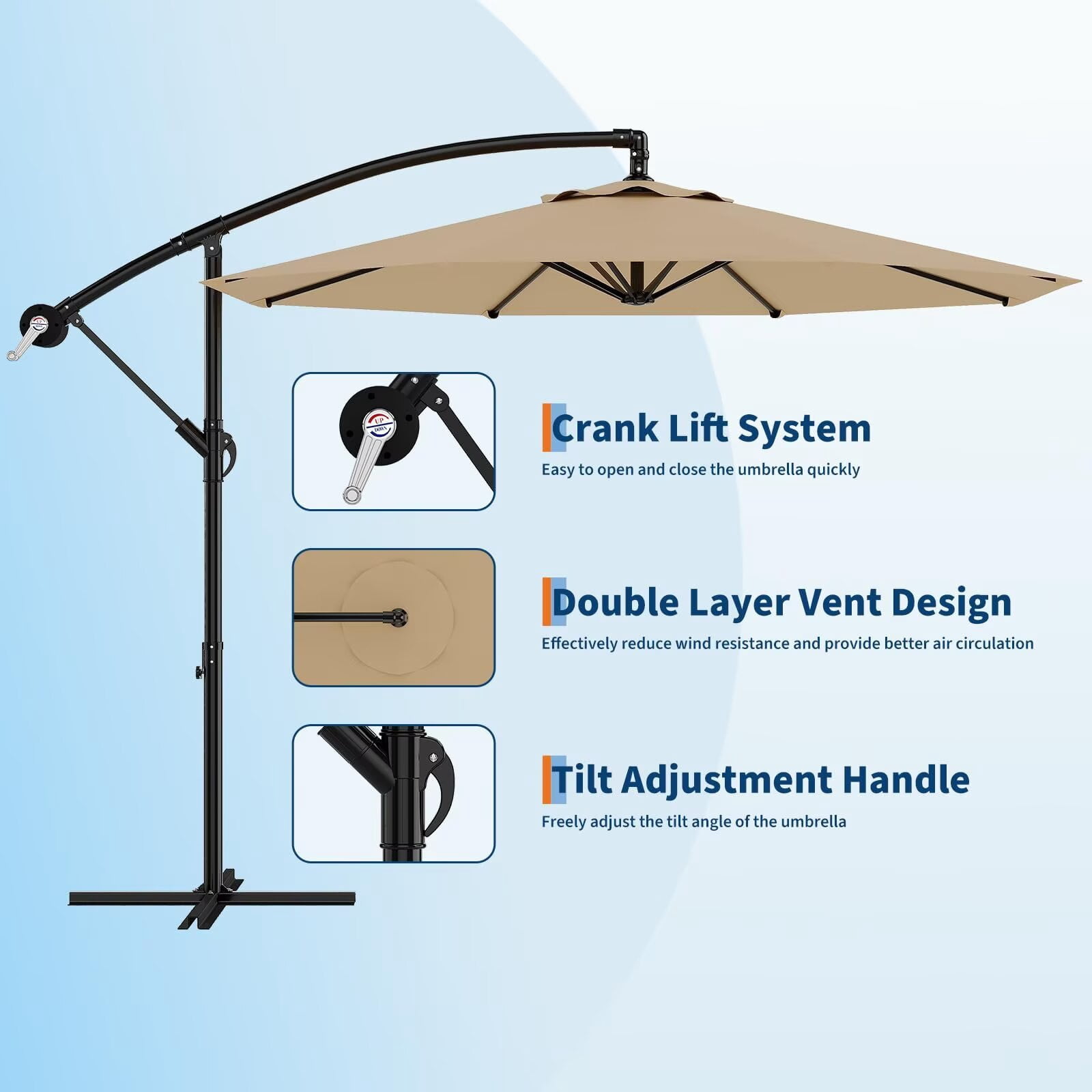 HELLONE 10FT Cantilever Umbrella outdoor patio, Offset Patio Umbrella with Easy Lift & Tilt Adjustment, UV Protection Fade Resistant for Deck, Pool, Garden, Tan
