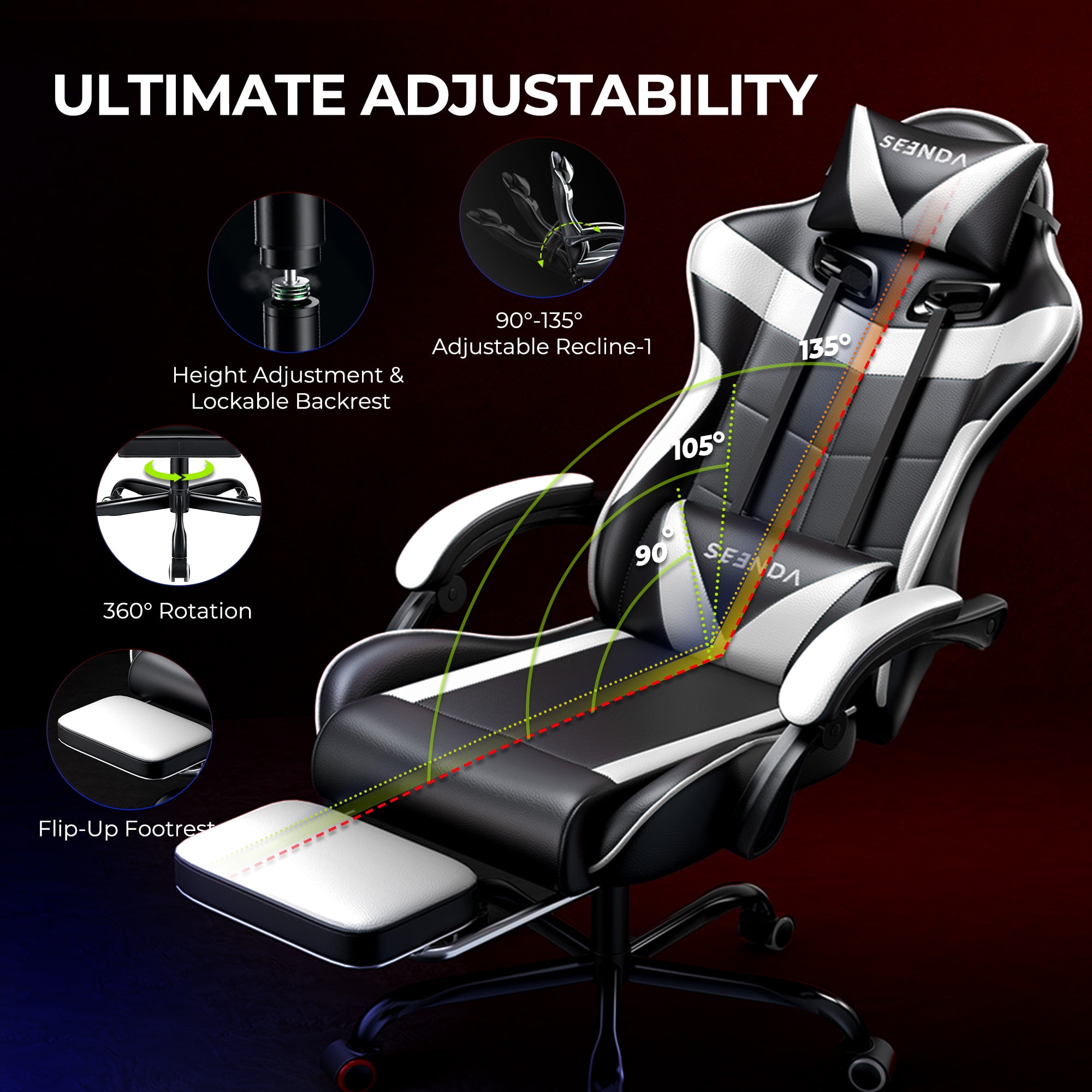 Gaming Chair, Seenda Video Game Chair with Footrest and Lumbar Support, Ergonomic Computer Chair Height Adjustable with Swivel Seat and Headrest, White