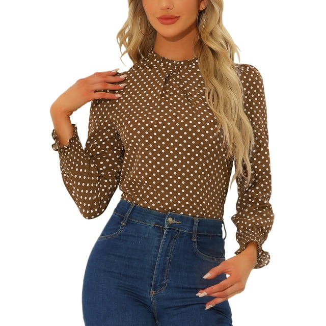INSPIRE CHIC Blouse Imprimée à Col Montant Volanté à Smocks à Manches Longues pour Femme P Brun