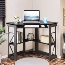 VECELO Escritorio Esquinero Para Computadora Con Bandeja De Teclado Suave Y Estantes De Almacenamiento, Mesa Triangular Compacta Para Oficina En Casa, Teca