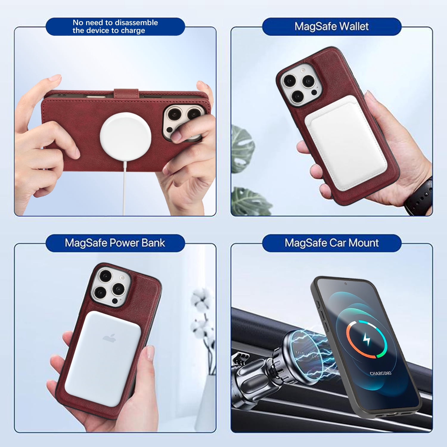 TECH CIRCLE 3-in-1 Phone Case for iPhone 15 Pro Max (2023 Release, 6.7"), Magnetic Flip Wallet Case with Detachable Magnetic Back Cover and Card Holder, Compatible with MagSafe Accessory, Red