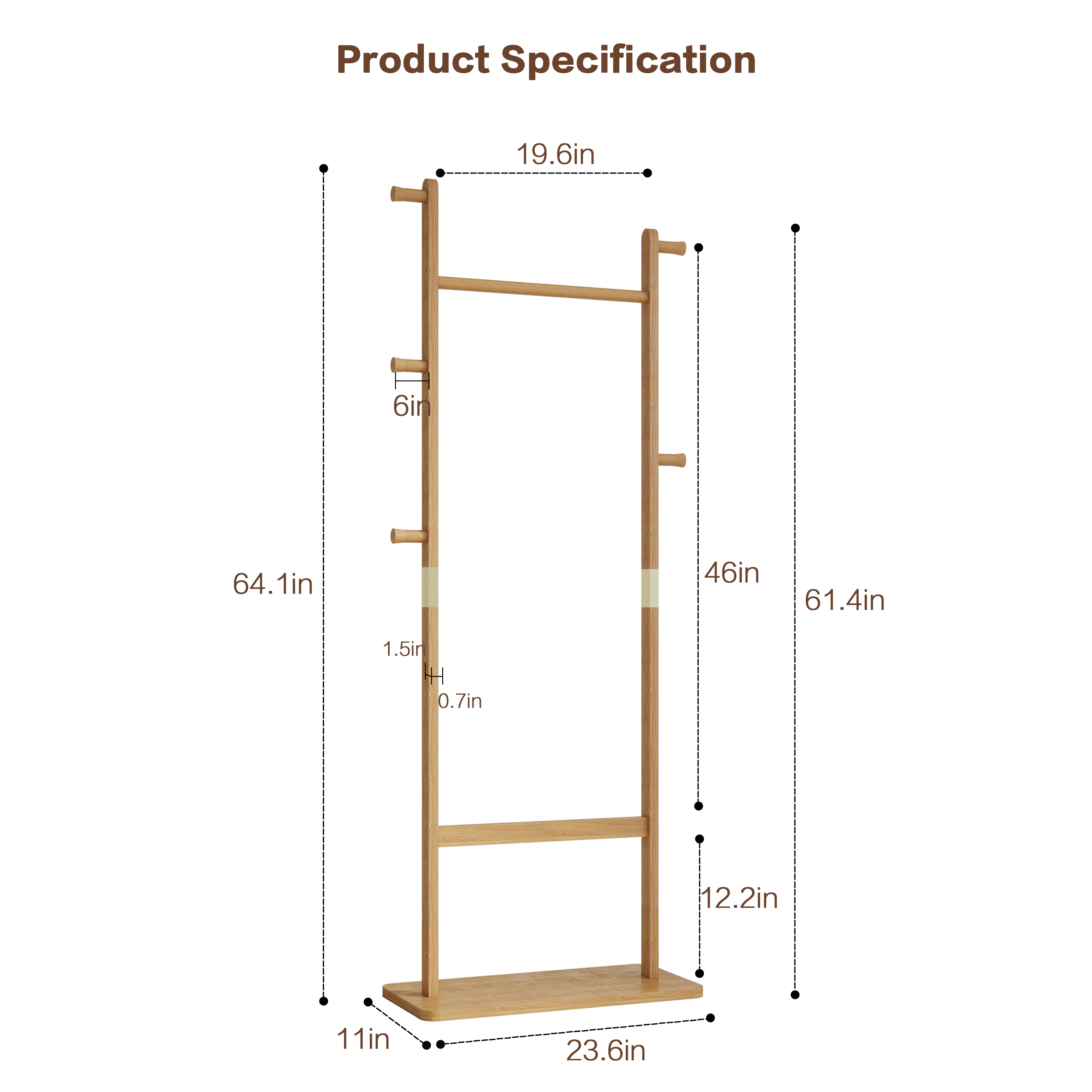 Hall Tree,Solid Wood Coat Racks,23.6* 11*64.1in Coat Rack Stand for Hallway or Living Room,Natural