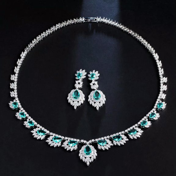 Charming Green CZ Dangle Drop Feather Bridal Prom Jewelry Necklace Earrings Sets