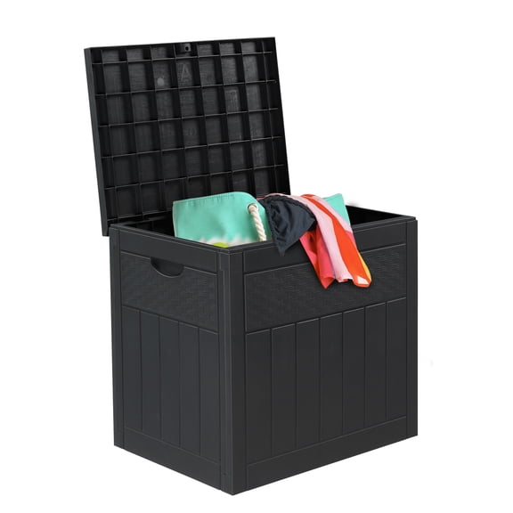 33 Gallon Square Wood & Rattan Textured Plastic Garden Storage Box, Dark Gray Weather Resistant Outdoor Deck Box for Patio Tools Cushions