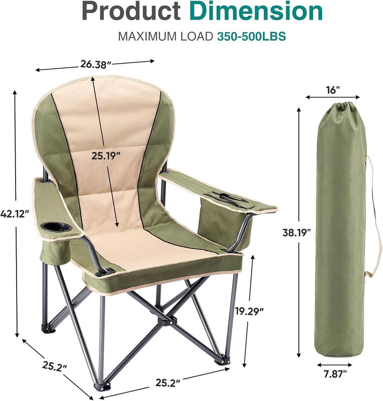 Simenmax Heavy Duty Camping Chair, Oversized Portable Folding Chair with Cooler Bag and Cup Holder, Outdoor Lawn Chair for Hiking Beach Sports,Green