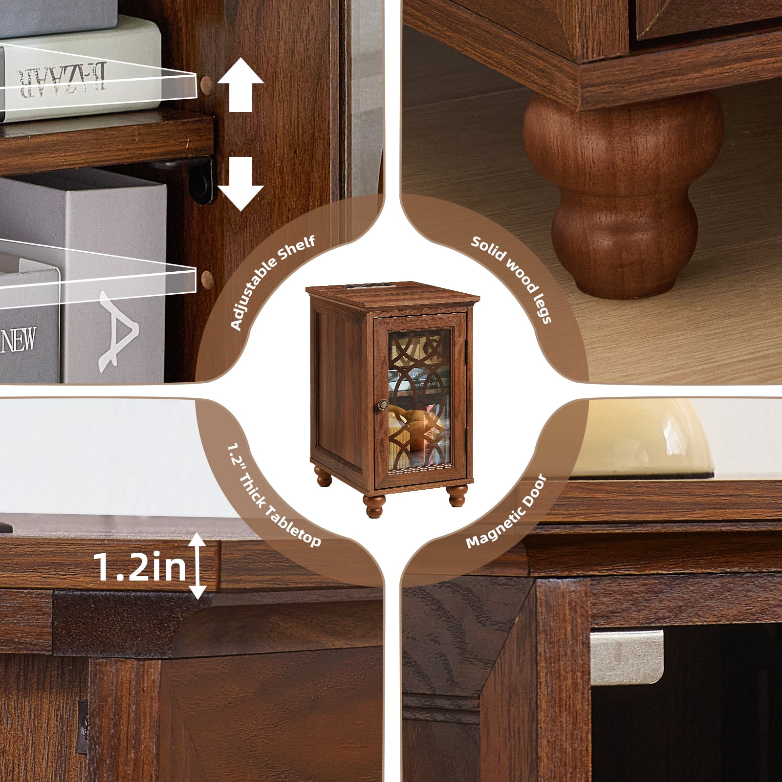 End Tables for Living Room with Charging Station, Nightstand for Small Spaces Bedoom with Glass Door and Adjustable Shelf, Brown