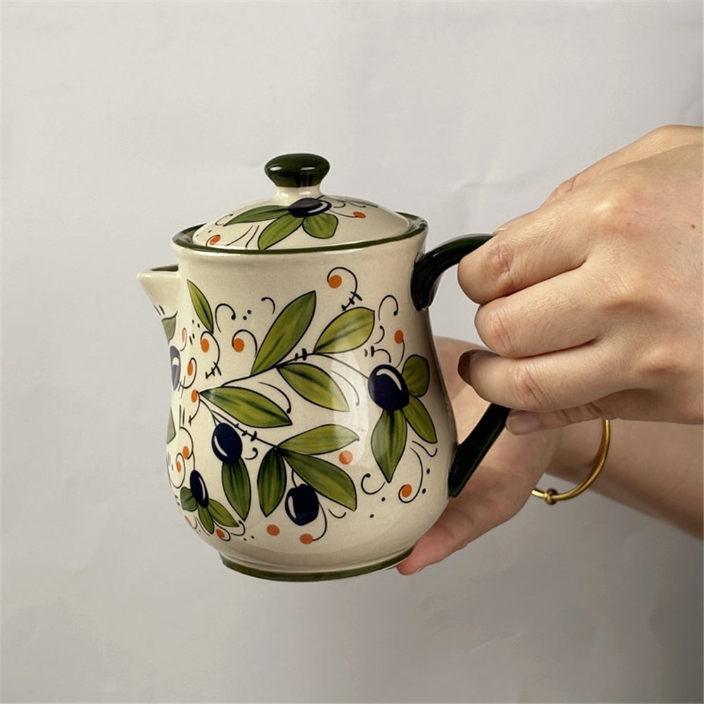 Green Ceramic Milk Pitcher With Handle And Lid Home Kitchen Sauce Pot Gravy Boat