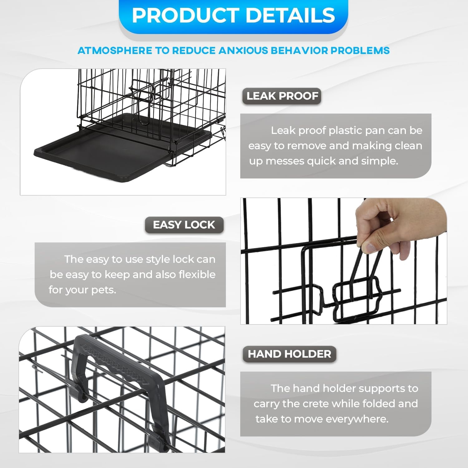 FDW 18 inch Foldable Metal Dog Crate for Small Dogs, Double Door, Divider, Removable Tray(Black)