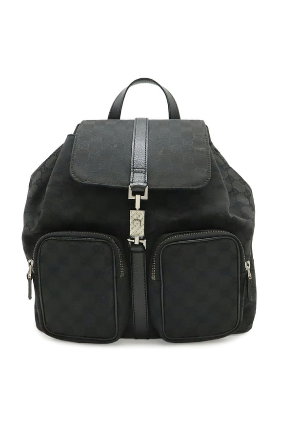 Pre-Owned GUCCI GG Canvas Jackie Line Backpack, Leather, Black, 114552