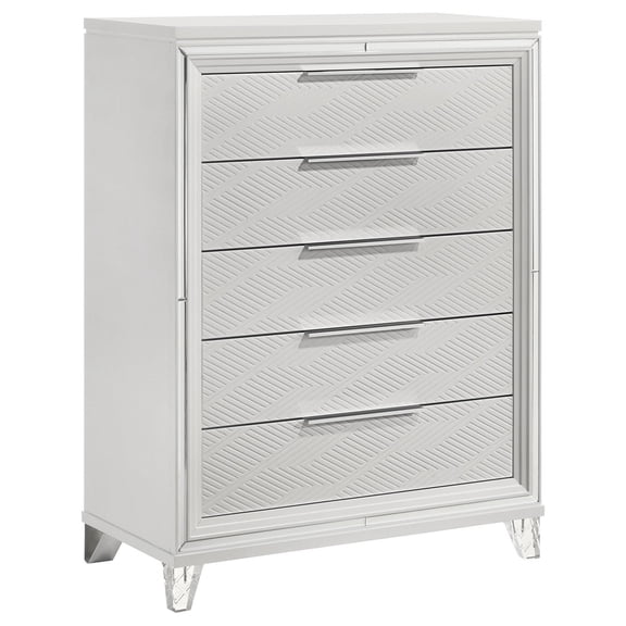 Benjara Mory Tall Dresser Chest, 5 Drawer, Embossed Herringbone Pattern, White