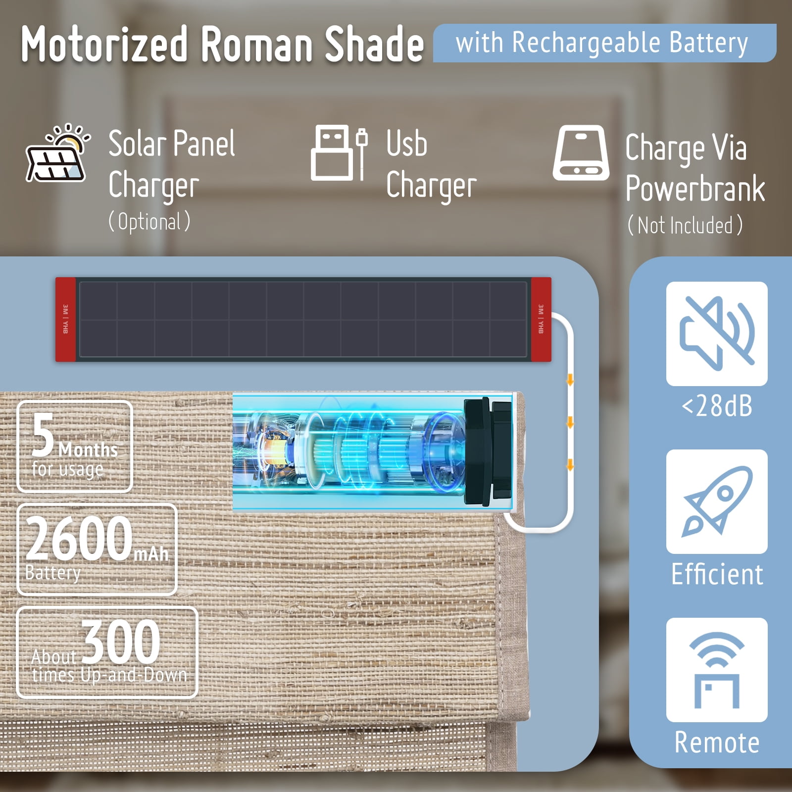 Keego No Drill Motorized Roman Shades Blackout Natural Fabric Rechargeable Electric Window Blinds Remote Control Room Darkening Window Treatment - Almond (Block 60%-90% Light) - 27"W x 64"H