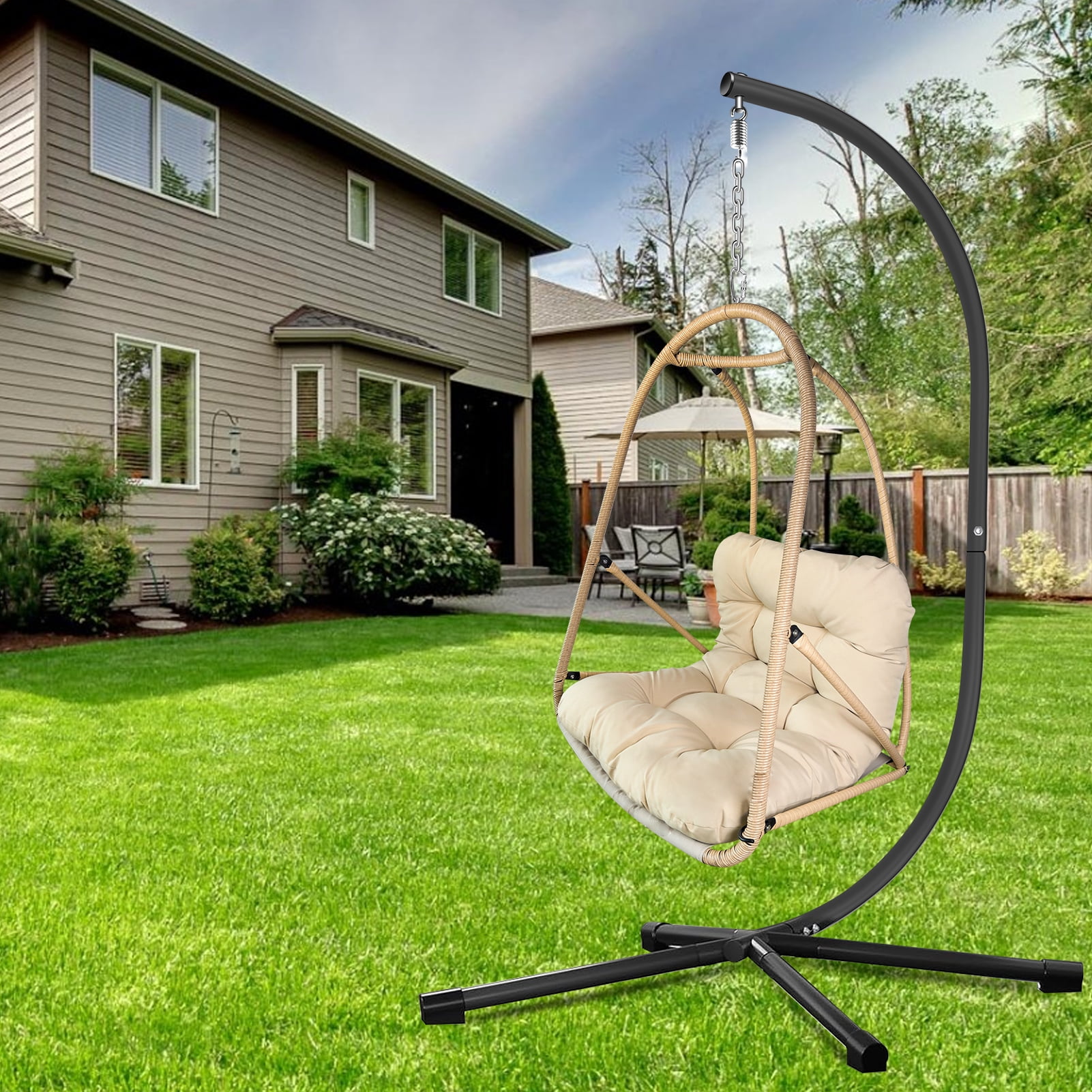 Swing Egg Chair with Stand, Wicker Rattan Hanging Chair with Cushion Pillow for Indoor Outdoor Patio Garden Balcony, Beige Brown