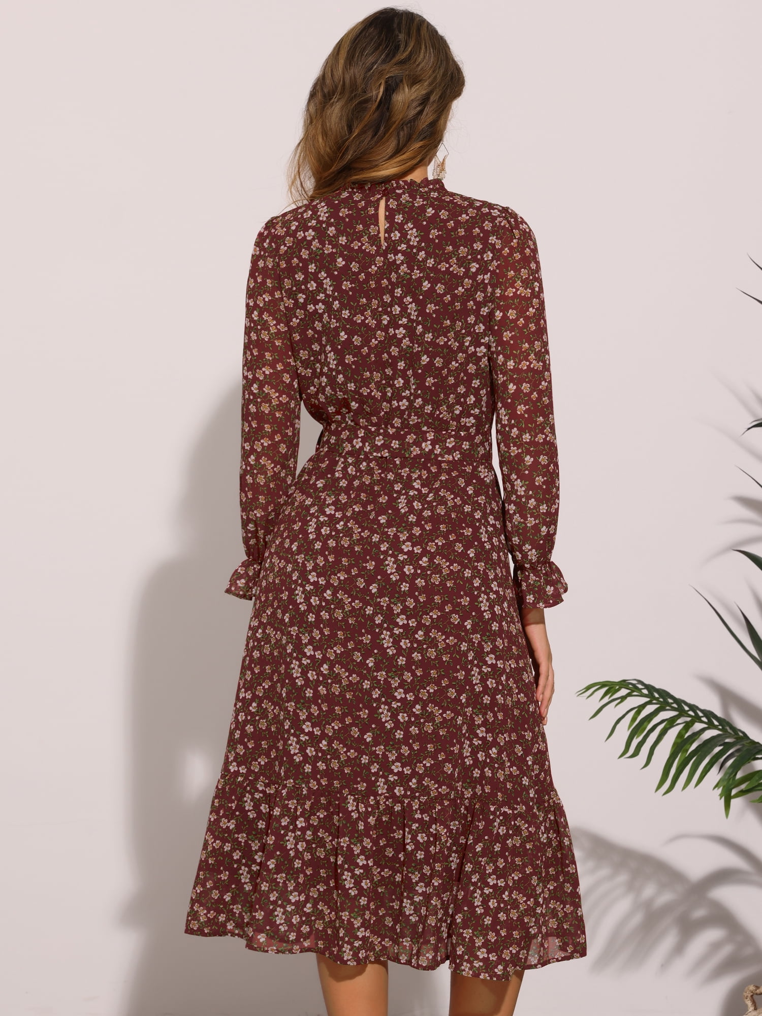 DARING DIVA Fall Floral Long Sleeve Chiffon Midi Dress S Wine Red