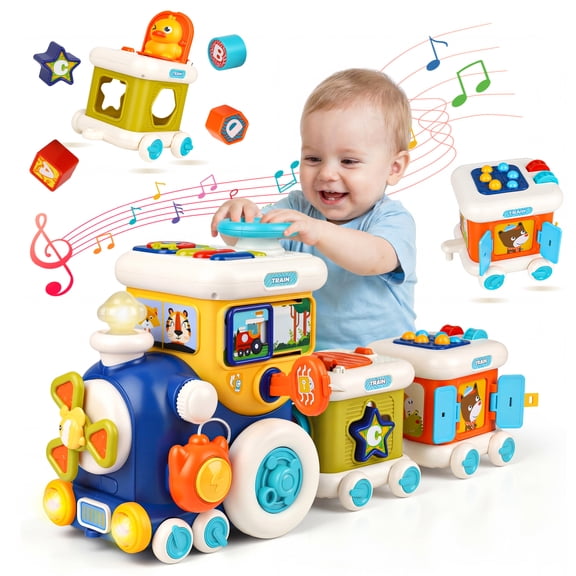 Huge Wave Montessori Train Toys for 1 2 3 Year Old Boy Girl, 12-in-1 Musical Train Toddlers Toys, with Lights, Keys and Shapes Matching, Educational Christmas Train Gift