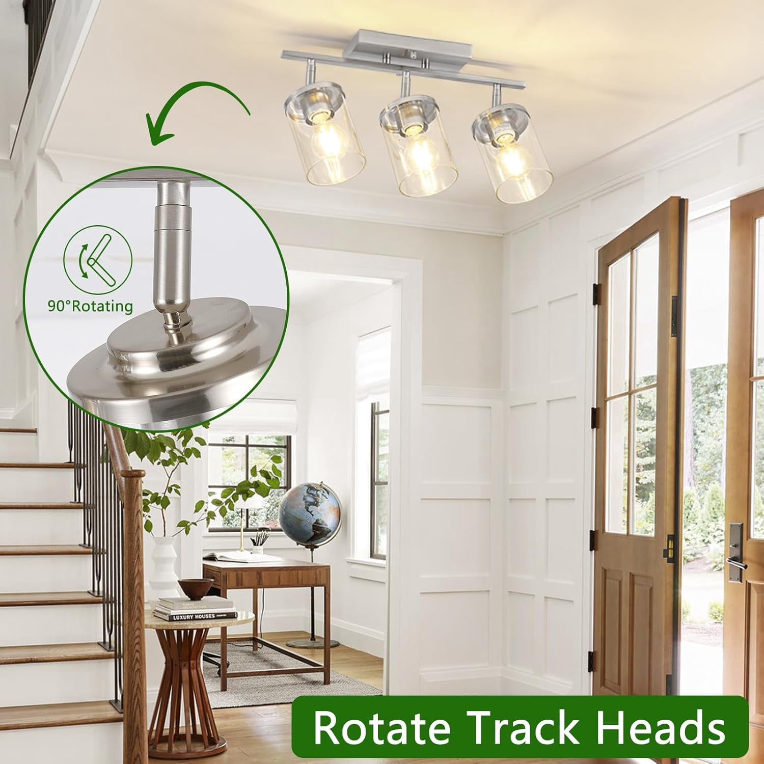 3-Light Track Lighting Brushed Nickel Semi Flush Mount Ceiling Light with Clear Glass Shades Multi-Directional Track Spotlights for Kitchen Hallway Bathroom, Bulb Not Included