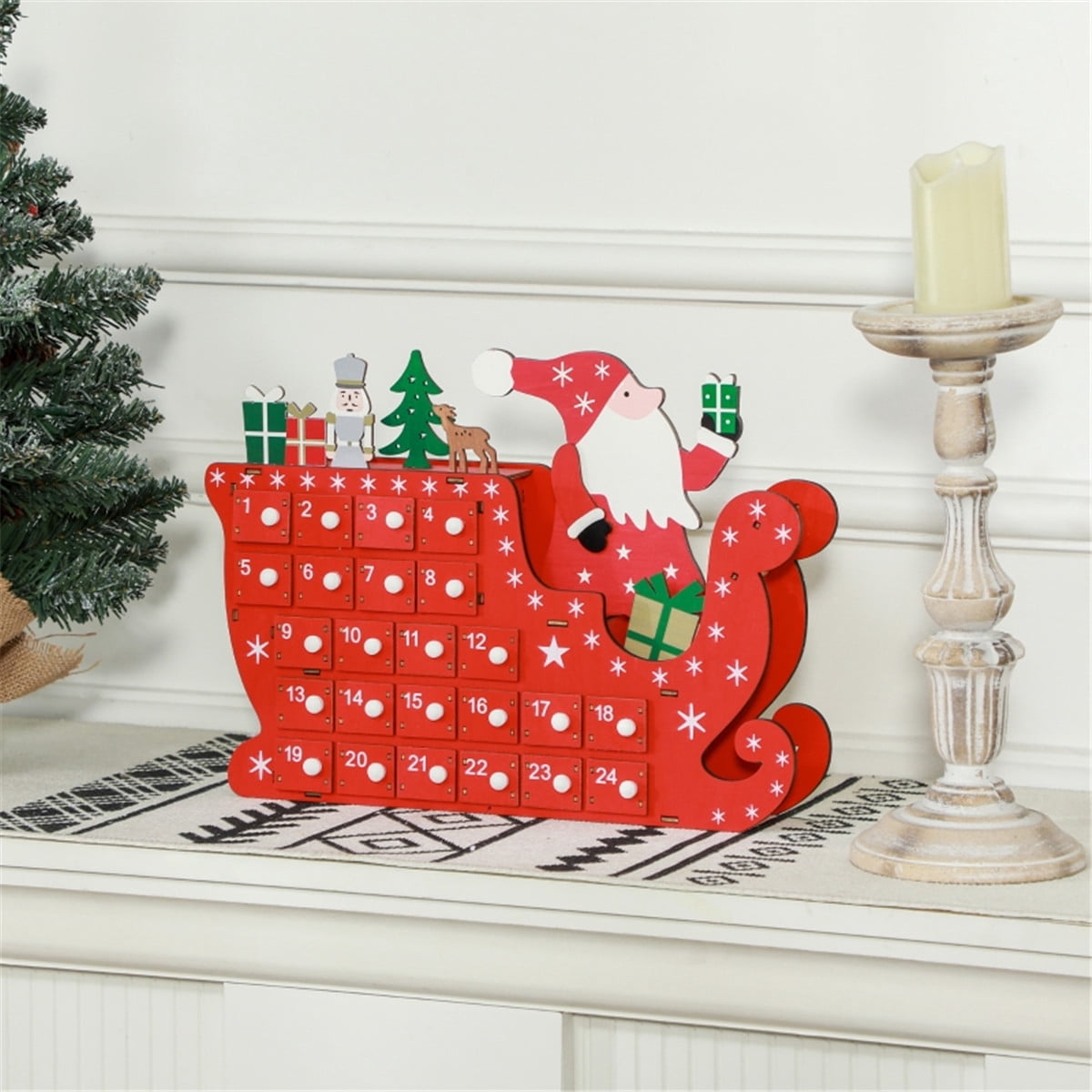 Santa Sleigh Christmas Advent Calendar 24-Day Drawer Style Countdown Decor for Desks Mantles Fireplaces Holiday Treat Storage Red
