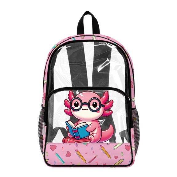 ZIATUBLES Clear Backpack, Heavy Duty Fabric & PVC Transparent Bookbag with Axolotl Reading Print, Large Capacity See Through Backpack for School College Work Travel Security