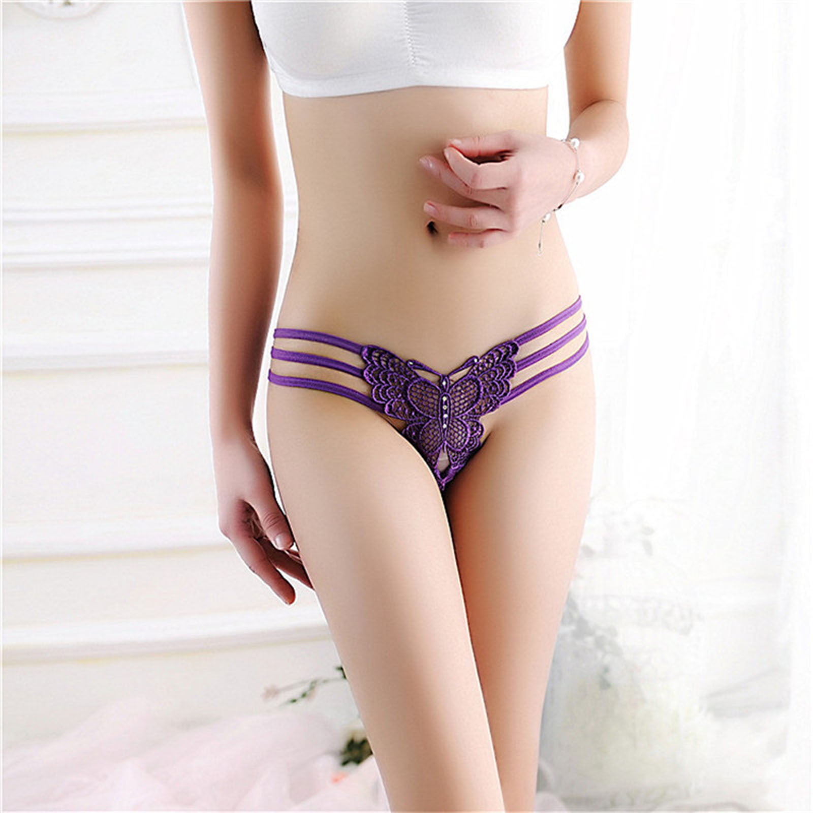 zuwimk G String Thongs For Women,High Waisted Lace Thong for Women Cotton  Underwear Plus Size Purple,One Size 