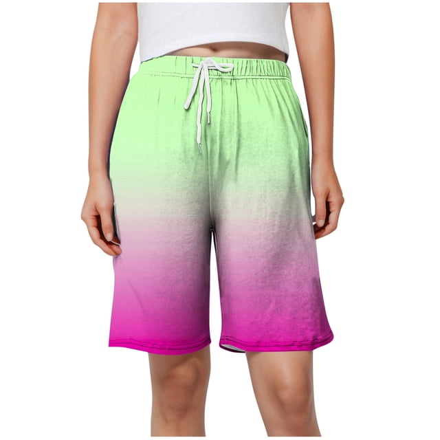 Plebaso Knee Length Shorts for Women Gradient Print Casual Shorts Drawstring Summer Beach Short Pants