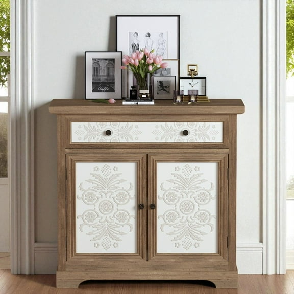 GZXS 34.65" Vintage Accent Cabinet with 2 Carved Floral Doors, 1 Drawer & Adjustable Shelf, Rustic Distressed Wood Storage Sideboard for Living Room and Bedroom, Antique Brown White
