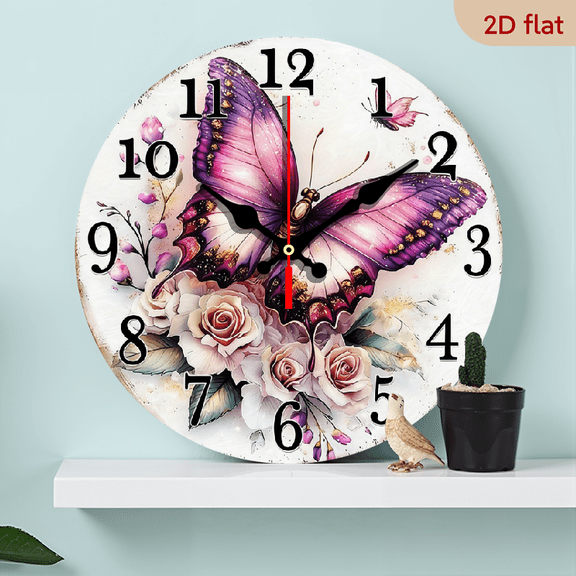 2D Flat, 1pc, Silent Wall Clock Non-Ticking Wooden, Decorative Circular Clock Butterfly with floral clock face Design for Kitchen, Bedroom, Living Room, Stairwell, Laundry Room 10inch