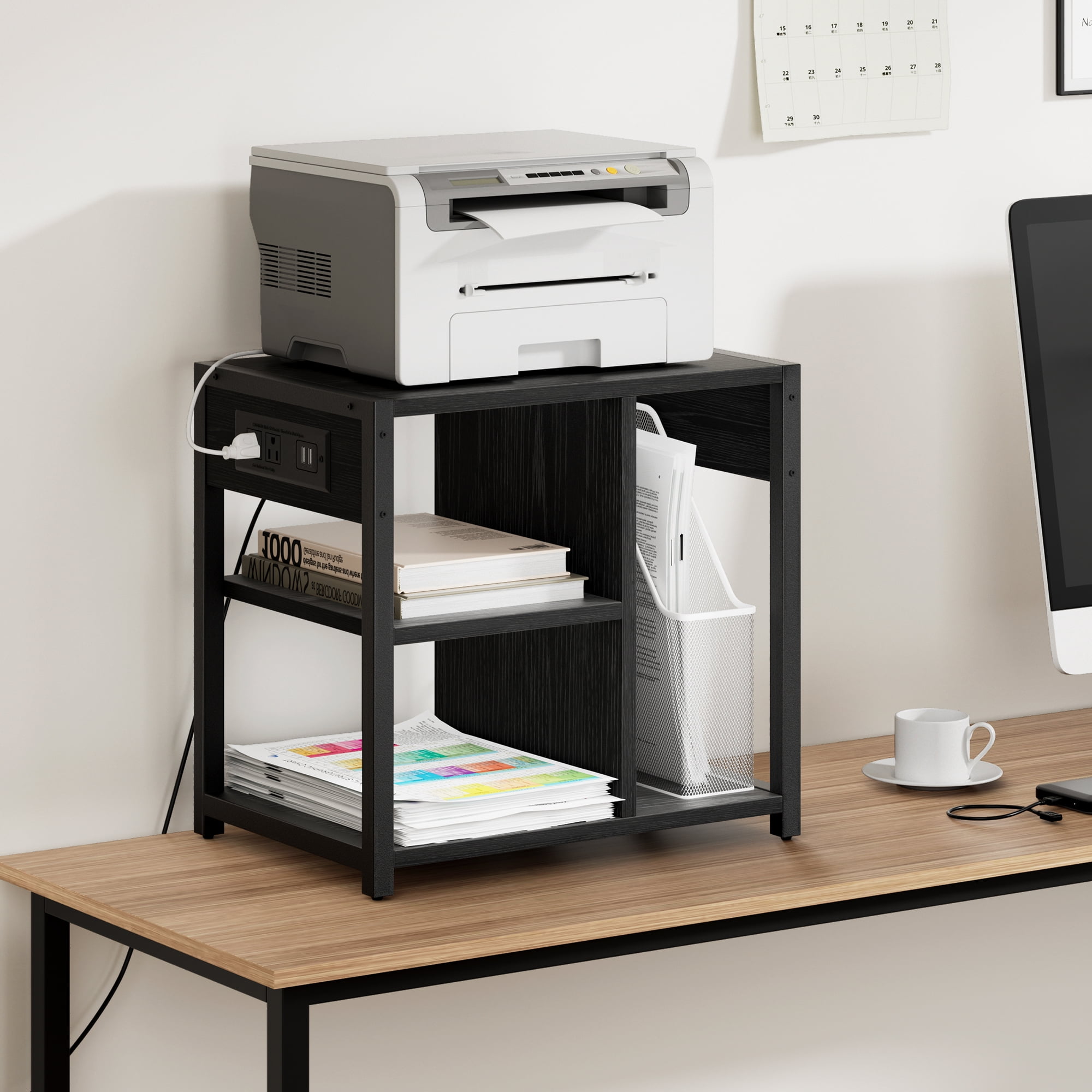 Removable Desktop Printer Stand with Charging Station, 3 Tier Under