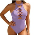 thumbnail image 2 of UPPADA Womens One Piece Halter Swimsuit Color Block Cute Swimwear Spaghetti Strap Sleeveless Swimsuit One Piece Tummy Control Bathing Suit Purple,S, 2 of 5