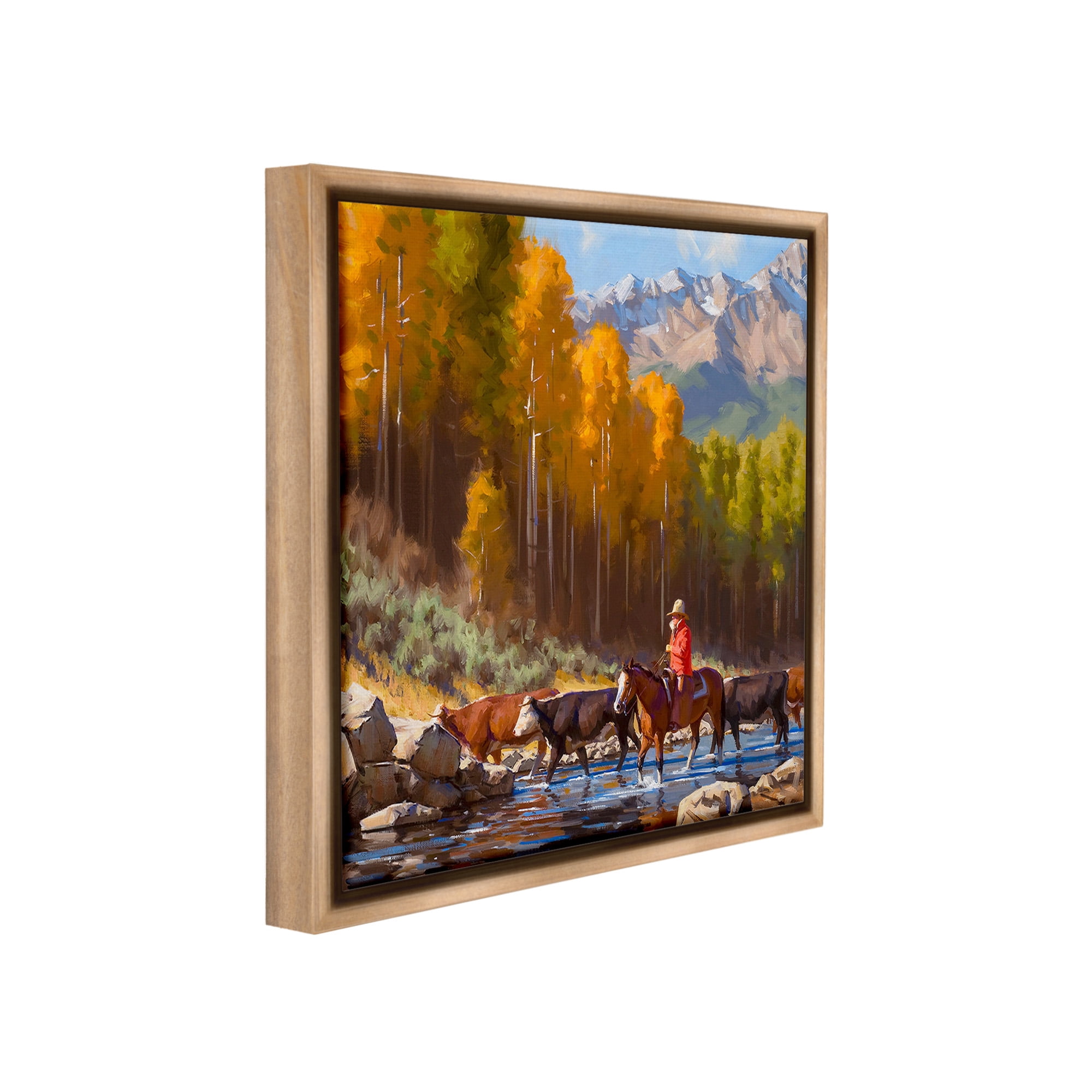 Stupell Industries Herding Cattle Through Stream Landscape Painting Brown Floater Framed Canvas Art Print Wall Art, 18 x 18