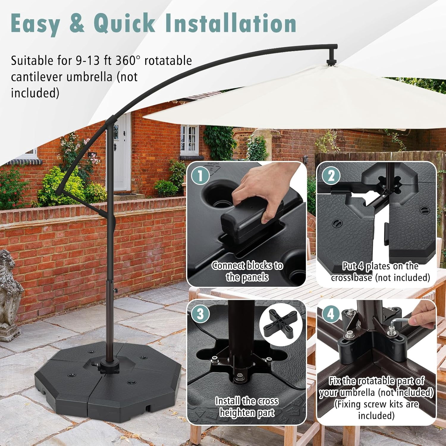 Neatifyes 4 Piece 350 lbs Patio Umbrella Base, Octagon Shaped Water & Sand Filled Outdoor Weighted Umbrella Base Plate, 41" x 41" Umbrella Stand for Cantilever Offset Large Umbrella