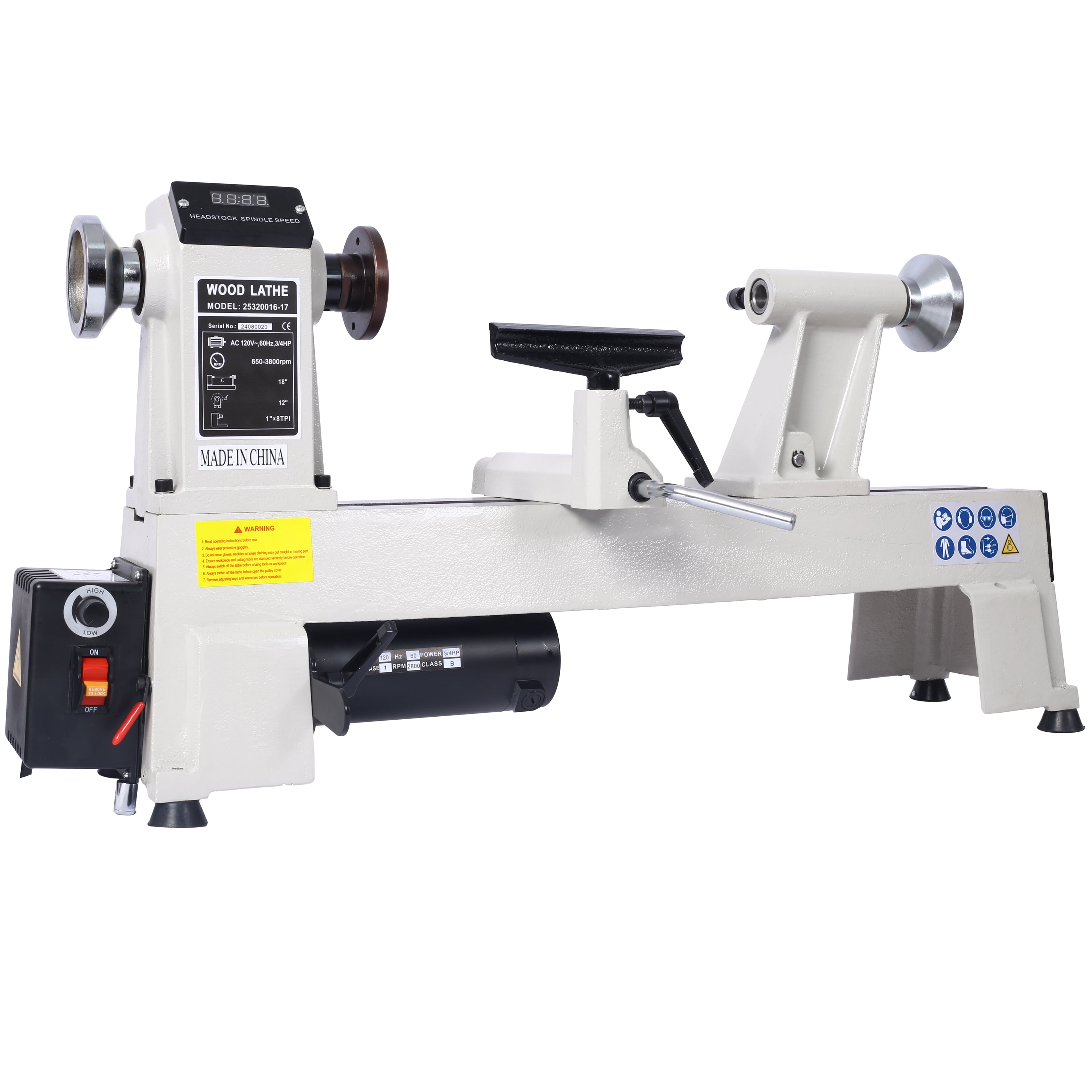 Wood Lathe, 18" Distance Between Centers, 12" Swing Over Bed, Variable Speed 650-3800 RPM, Digital Display