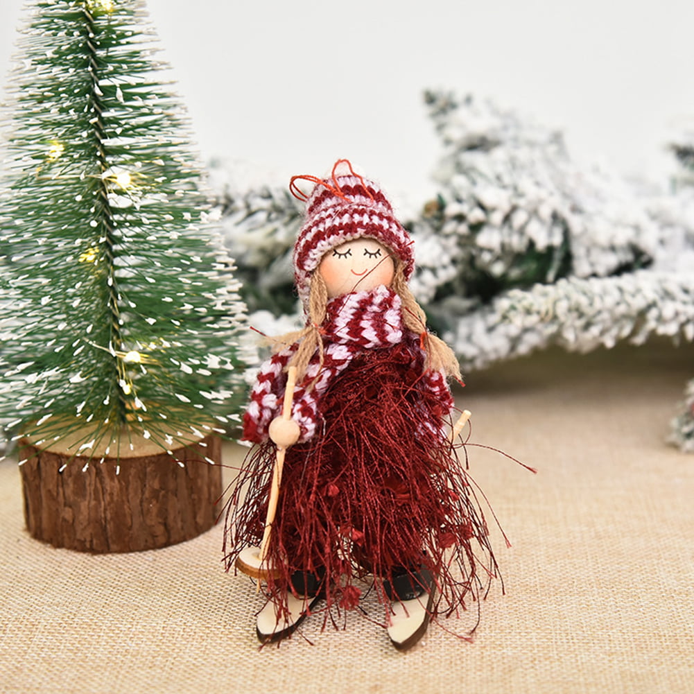 Wood Skiing Angel Doll Tassel Christmas Tree Ornaments New Year Home Decor 