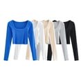 thumbnail image 4 of Douhoow Women Knitted Crop Top Long Sleeve Slim Fit Basic Deep U Neck Solid Color Short Top, 4 of 4