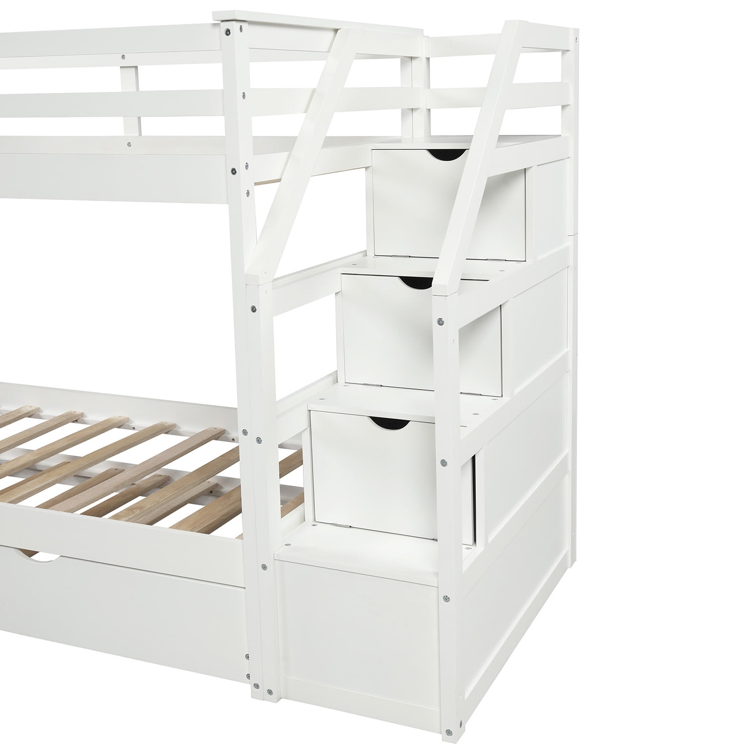 Lowestbest Solid Wood Twin-Over-Twin Bunk Bedd with Twin Size Trundle and 3 Storage Stairs - White