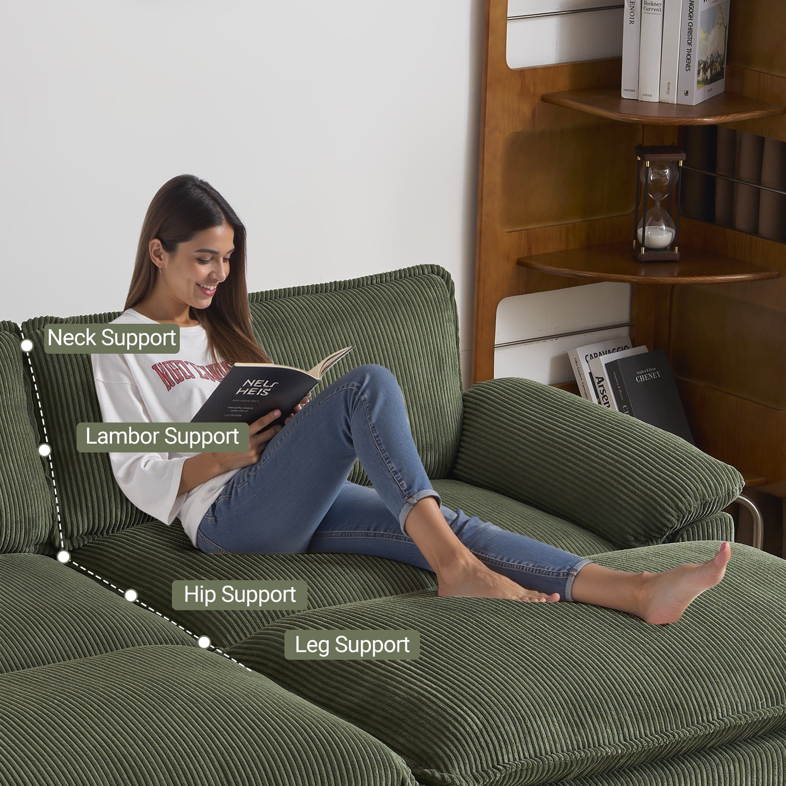 Zimtown 90" Sofa Bed Couch with Pillow Arms and Double Layer Cushions, Corduroy Loveseat Sofa with Removable Ottoman for Living Room, Green